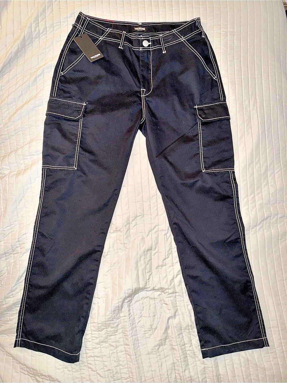 True Religion Cargo Pants Men’s 34 Jet Black 108335 White Stitch NWT $164